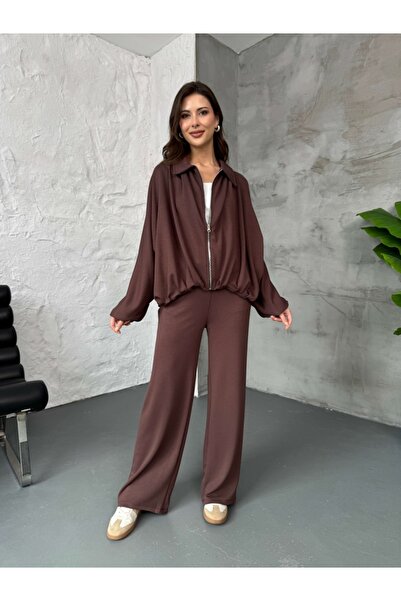 Elif Özbey Butik Кафяв бомбър с цип и модал комплект