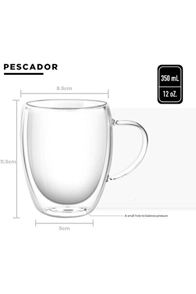 Pescador Double Wall Glass Tea & Coffee Cups with Handle, 350 ml, Set of 2