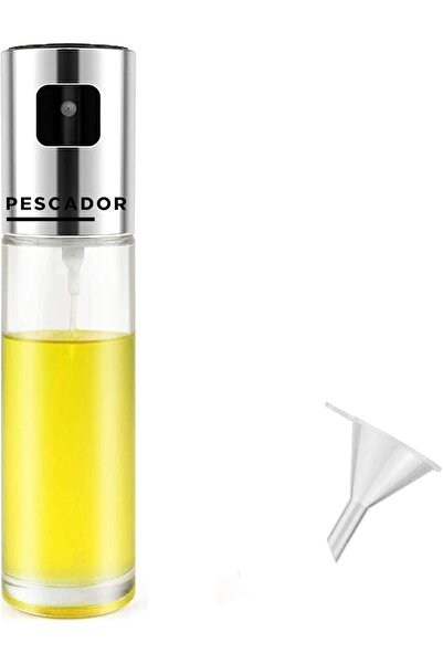 Pescador بخاخ زيت الطهي الزجاجي مع قمع، 100 مل، فضي