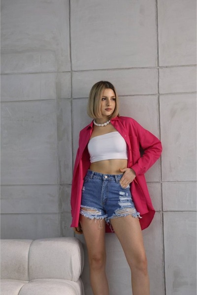 EKİNORA Kadın Tek Cepli Oversize Poplin Gömlek