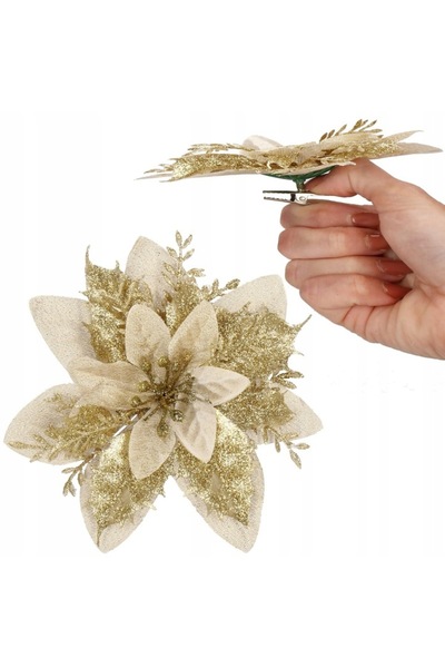 SERSIMO Set de 10 ornamente de Crăciun pentru brad, stea Poinsettia, 13 cm, crem auriu