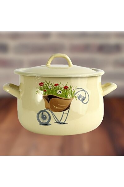 OEM Enameled 24 cm pot with lid, cream-white, floral design with decorative cart motif