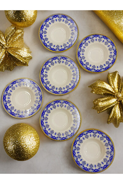 SAMSA Gold Blue Patterned Model Porcelain Plate Glass Cup 6 Person Tea Set