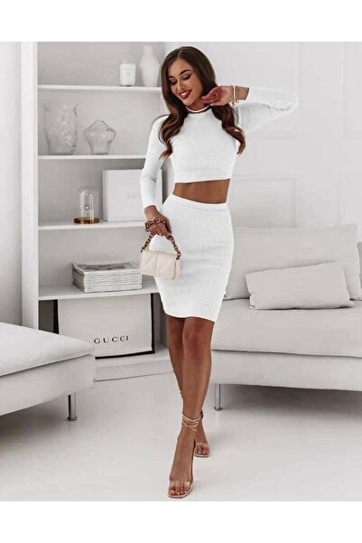 JANES Women's long sleeve crew neck crop top and high-waisted mini skirt cami set