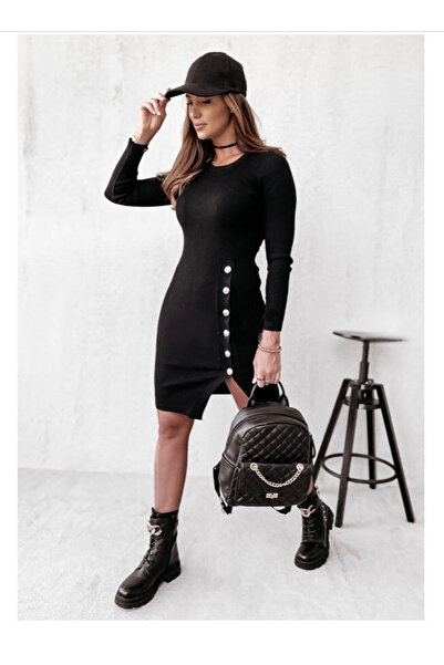 buğrahayalin Women's Black Long Sleeve Crew Neck Side Slit Button Detail Short Camisole Dress