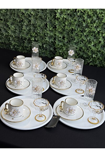 Hediye Köşkü 6 Kişilik 36 parça Lüks Porselen Çiçekli Kahve Sunum Seti