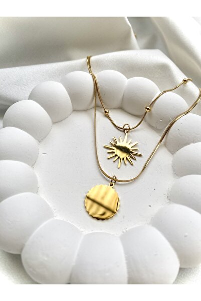 stainless steell İkili Plaka&Güneş Desen Çelik Kolye