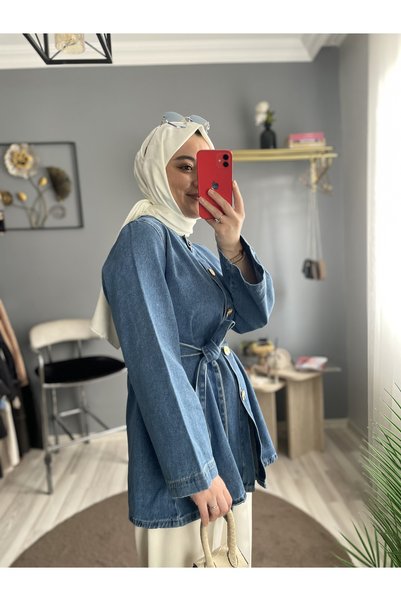 byalisdmr Denim Fabric Mobile Belt Design Buttoned Princess Denim Jacket -Ice Blue