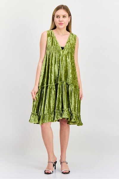 En Saison فستان نسائي قصير منقوش، زيتوني فاتح