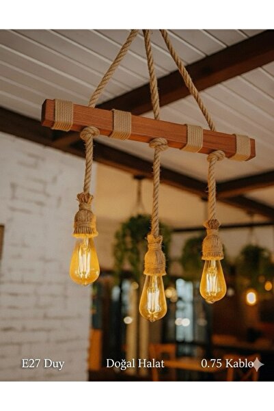 AYBÜK PABUÇ Doğal Halatlı Dekoratif 3’lü Avize – Bohem & Vintage Aydınlatma