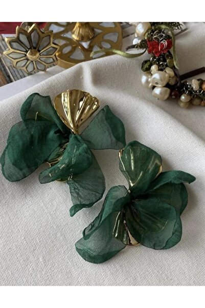 Butik Büyük Gold Renk Yeşil Tüllü Yaprak Küpe