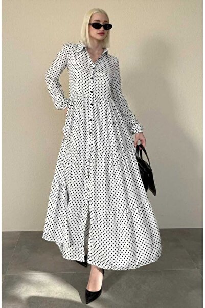 RANO-BOUTİQUE Women's long dress in black and white with full buttons, wonderful and comfortable material