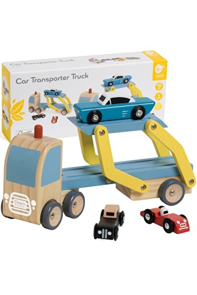 Classic World set of 4 toy cars – Transporter with platform and vehicles, wood, 18+ months