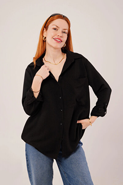 Lady Moss Cămașă neagră cu buzunare cu tăietură liberă