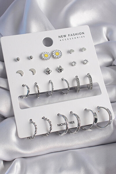 Skygo Brass Silver Color Zircon Stone Detailed 12 Pairs Women's Earrings Set - Tj-Bkp9686