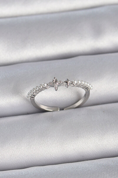 Skygo Brass Silver Color Zircon Stone Row Pearl Adjustable Model Women's Ring - Tj-Byk3367