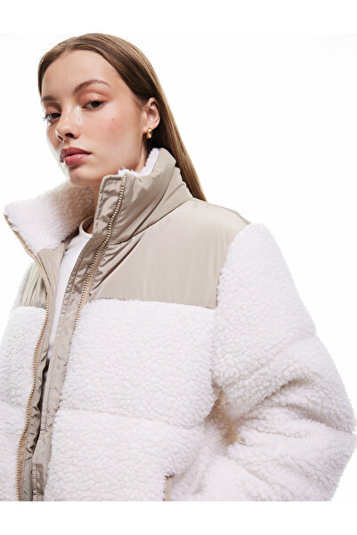 Koton Stand Collar Pocket Detailed Zippered Color Block Plush Coat