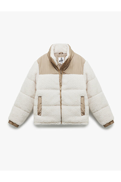 Koton Stand Collar Pocket Detailed Zippered Color Block Plush Coat