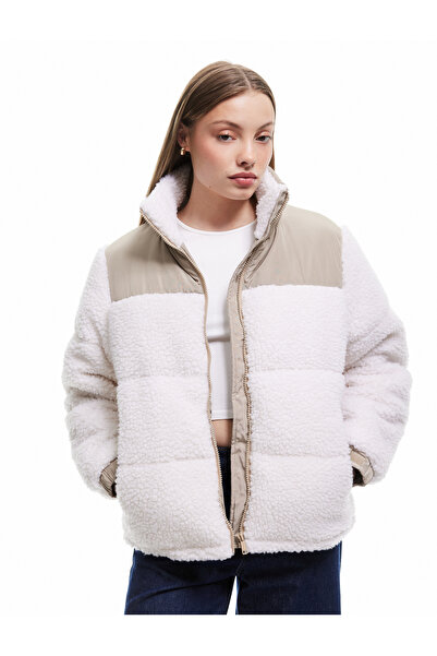 Koton Stand Collar Pocket Detailed Zippered Color Block Plush Coat