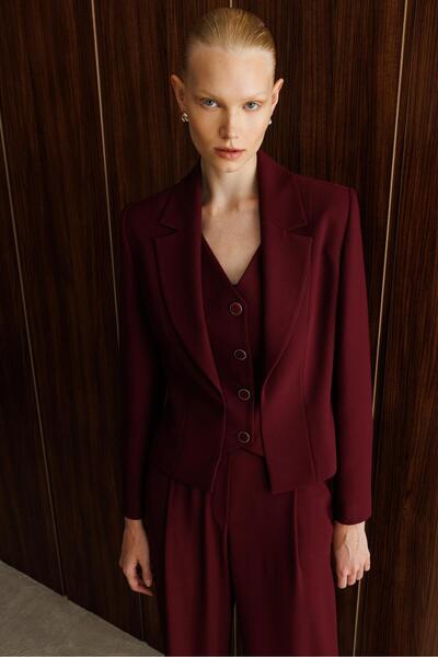 Moda İlgi Modailgi Kırlangıç Yaka Kuptan Kesik Yelek Detaylı Astarlı Kısa Ceket - 40030 Bordo