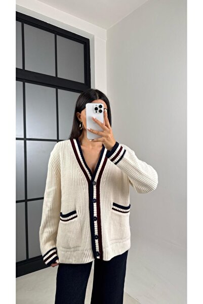 Gaus Ecru Stripe Detailed Knitted Sweater Cardigan Gaus-00536