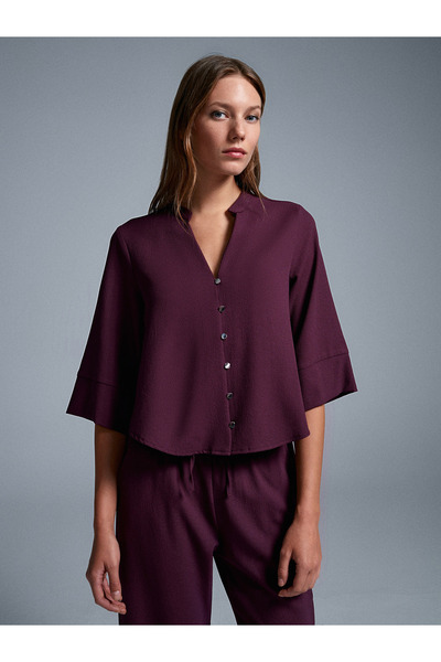 Dilvin 50530 V-Neck Buttoned Blouse-Burgundy