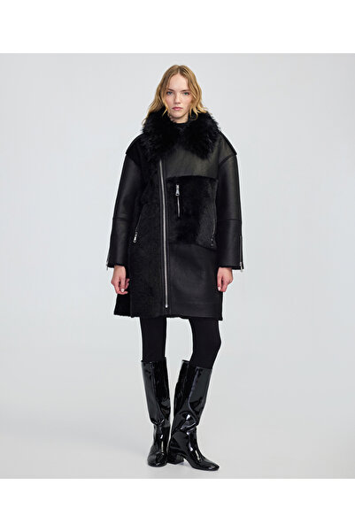 İpekyol Faux Fur and Leather Mix Coat