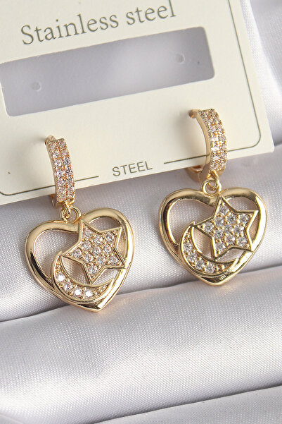 Skygo Brass Gold Color Zircon Stone Heart Model Moon Star Engraved Women's Earrings - Tj-Bkp9737