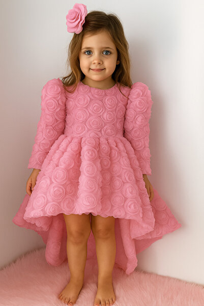 Mirace Styl 3D розово детско рокля с дълги ръкави за рождени дни и церемонии ...