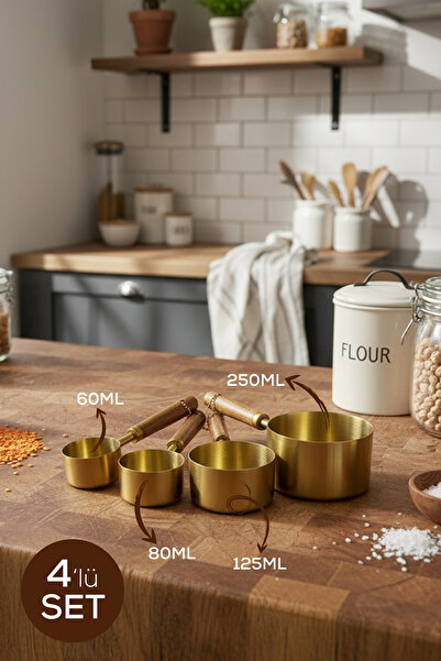Vienev Ahşap Saplı 4 Parça Ölçü Kabı Seti | Dekoratif ve Fonksiyonel Metal Ölçü Kabı Takımı