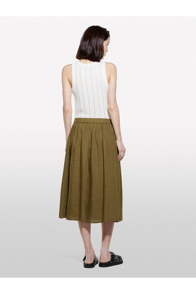 Sisley Women's 100% Linen Elastic Waist Pleated Lightweight Flared Knee-Length Skirt 325P4Aghl002T-Sis1C2