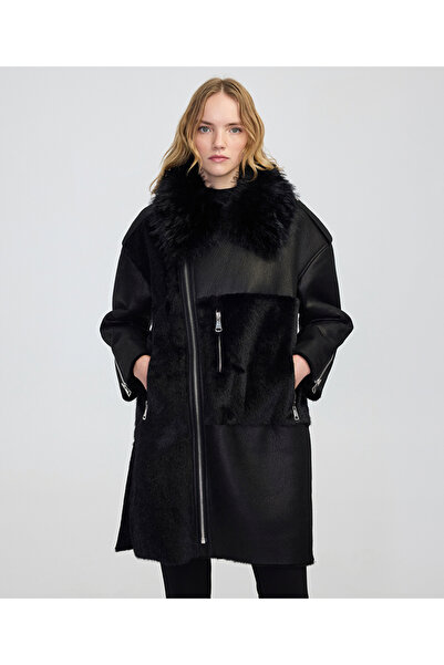 İpekyol Faux Fur and Leather Mix Coat