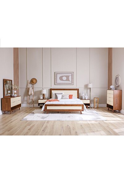Danube Home طقم غرفة نوم كينج من الخشب الصلب دريفتوود، مقاس 180×200، يحتوي على سرير، وطاولتين جانبيتين، وخزانة ملابس، ومرآة، باللونين البني والكريمي