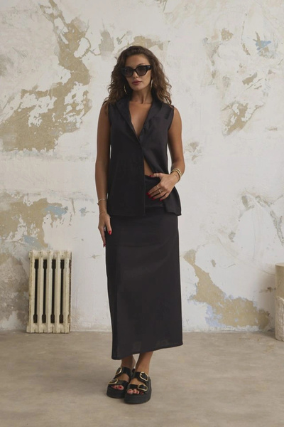 BYNPOL Linen Judge Collar Sleeveless Shirt Skirt Suit