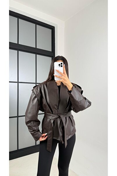 Gaus Bitter Brown Zipper Detailed Lined Belted Design Leather Jacket Gaus-00599