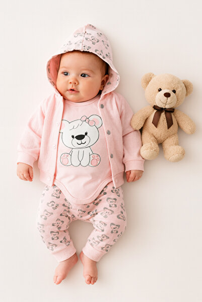 AKİ MODA KİDS Baby Girl Newborn Teddy Bear Hoodie Cardigan 3-Piece Baby Girl Set