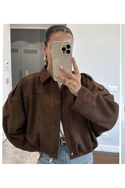 LUMİ سترة نسائية بنية اللون ذات مظهر من جلد الغزال كبيرة الحجم |   موديل كاجو...