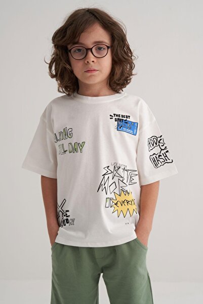 Breeze Boy's T-Shirt with Technology-Themed Writing Printed Ages 7-12, Ecru