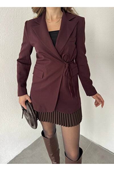 asfamoda Jachetă casual căptușită cu legături laterale bordeaux pentru femei