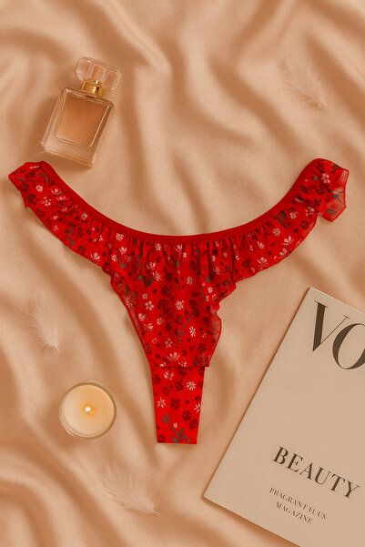 İntive Lingerie Red Floral Patterned Ruffled Tulle Bra Panty Set