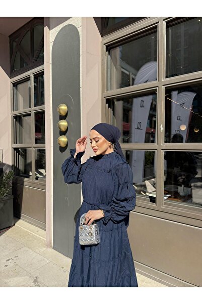 Aden aydın Tesettür Keten Elbise Simli Lacivert