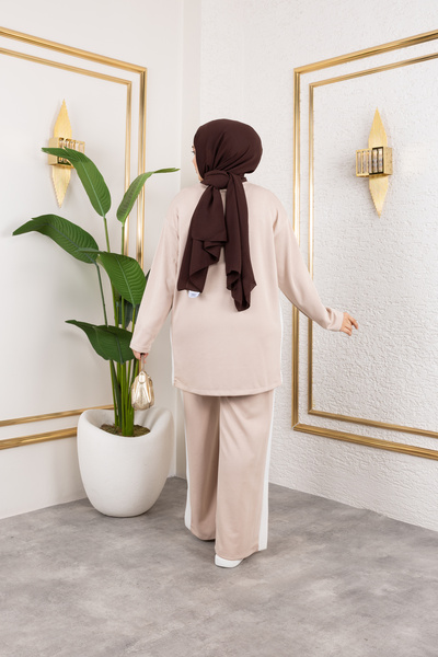 Sfg Life Moda Women's Beige Crew Neck Side Stripe and Bottom-Top Two-Piece Set with Trouser Pockets