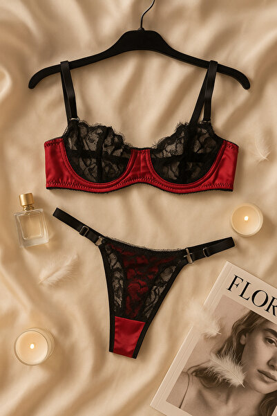 İntive Lingerie Red Black Lace Satin Bra Panty Set