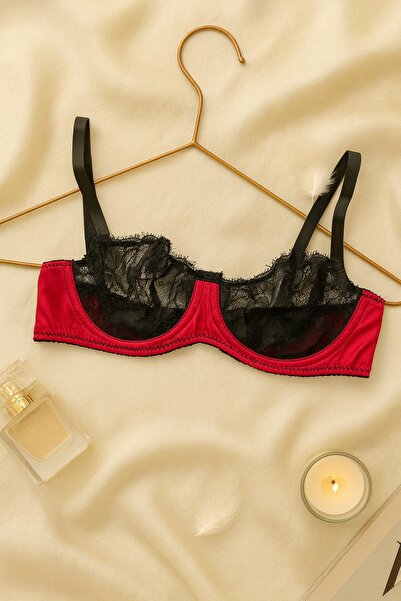 İntive Lingerie Red Black Lace Satin Bra Panty Set