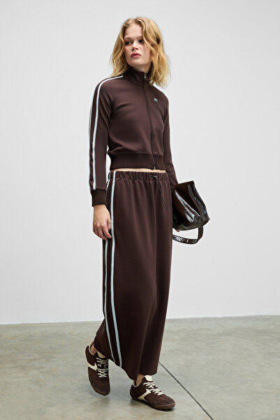 GRIMELANGE Veralia Women's Regular Fit Brown Skirt with Contrast Color Panels on the Sides