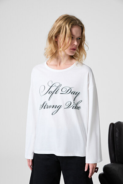 GRIMELANGE Dazulu Women's Soft Fabric Printed Long Sleeve White T-Shirt