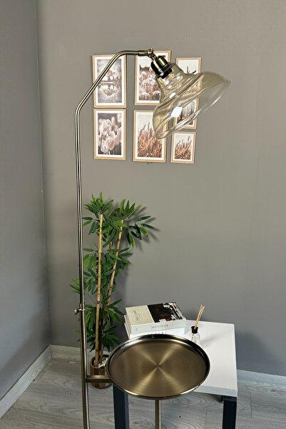 Bamyum Vishi Bal Rengi Cam Tepsili Lambader Eskitme Gövde Modern Dekoratif Metal Zemin Lambası