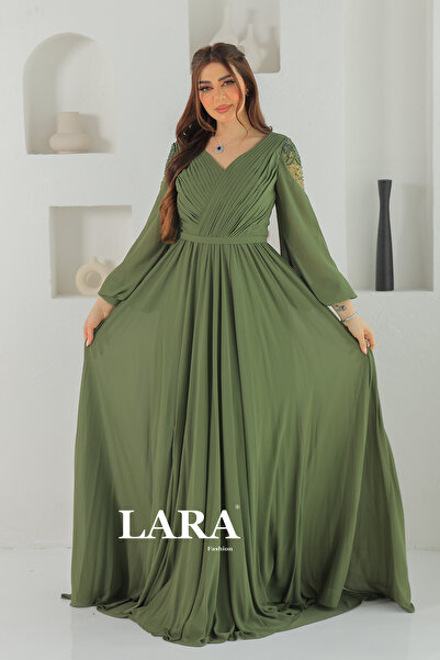 Lara Elegant long evening dress in olive green color from