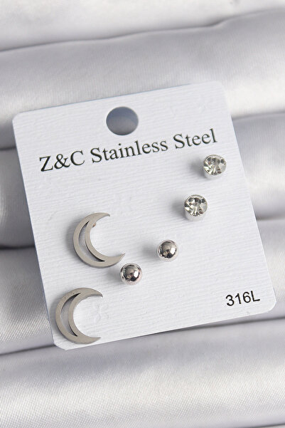 Skygo 316L Steel Silver Color Zircon Stone Crescent Model Women's Earring Set - Tj-Bkp10010