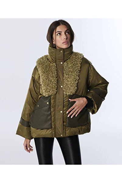 Twist Faux Leather and Shearling Mix Puffer Coat